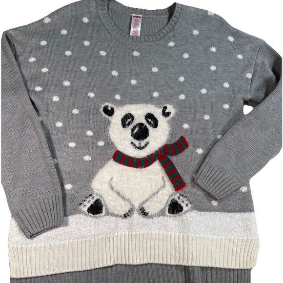Fuzzy Polar Bear Ugly Christmas Holiday Women's Sweater L (12-14) Gray Chunky - Picture 2 of 9